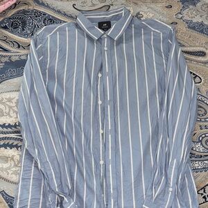 H&M Men's Casual Blue and White Striped Shirt